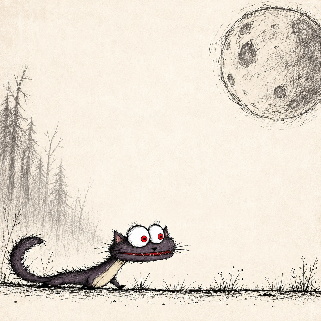 Skratch slinking through a sparse ink forest under an enormous pencil moon.