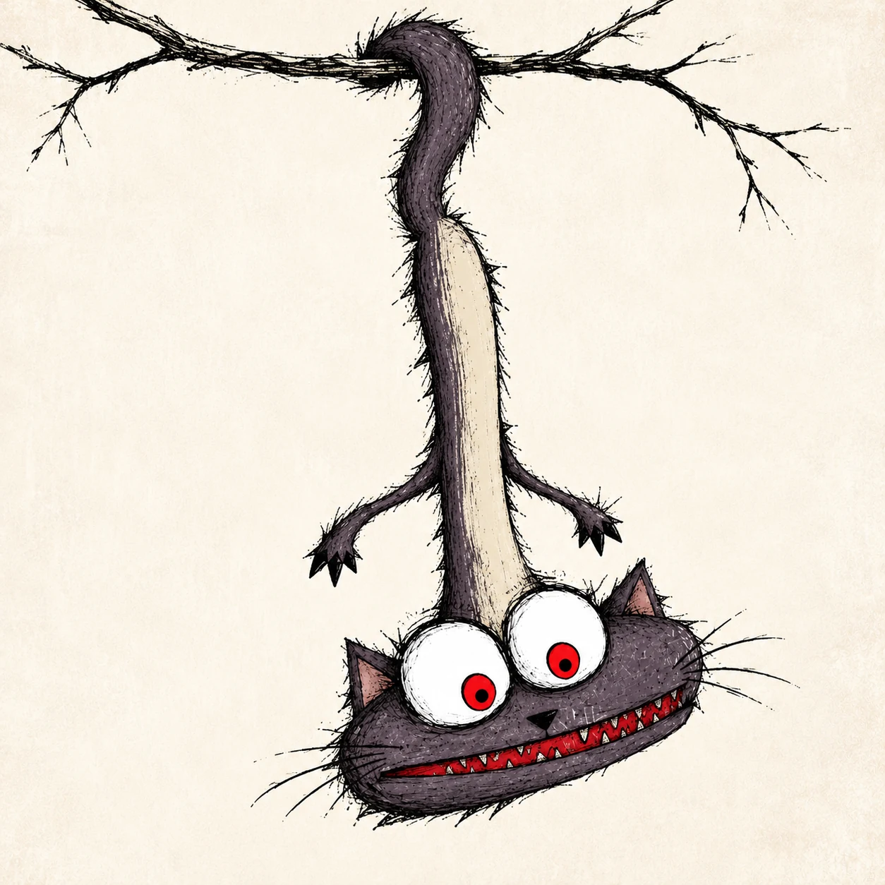 Skratch dangling from a scribbled branch by his curling tail.