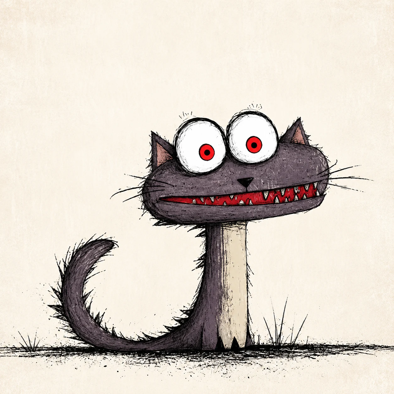 Skratch, a purple cat with an absurdly long skinny body, huge red eyes and a jagged grin.